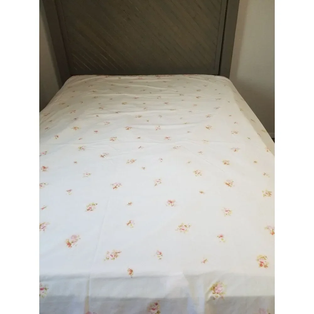 Sears Roebuck Vintage Full Flat Sheet White Pink Flowers 81x104 Perma Prest Perc